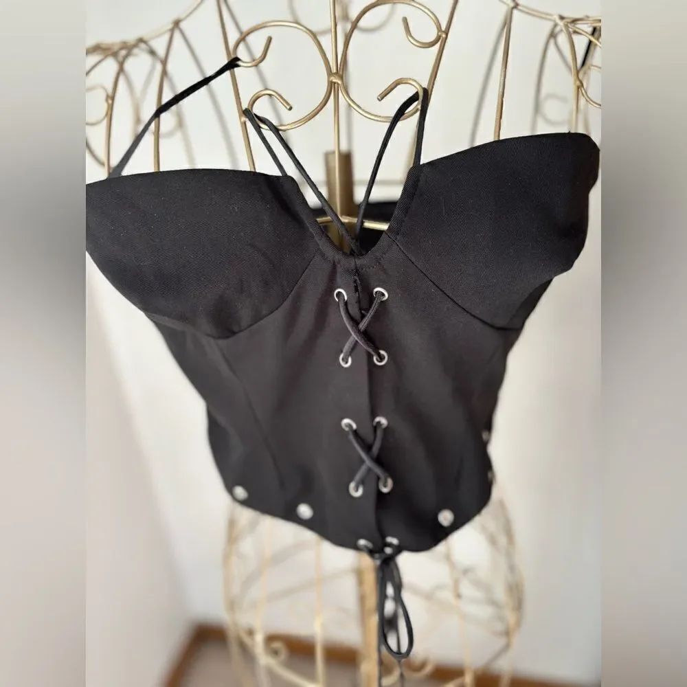 Princess Polly Lace Up Corset Crop Top Size 6 Black Grommet